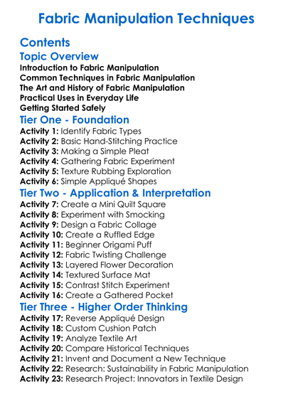 Fabric Manipulation Techniques Worksheet Activity Booklet