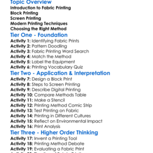 Fabric Printing Methods Worksheet Activity Booklet