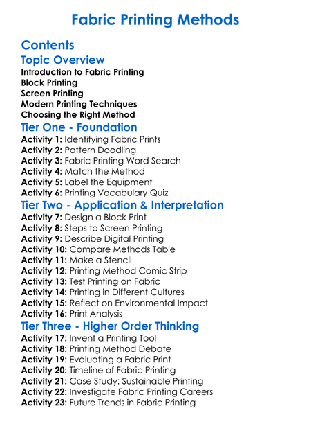 Fabric Printing Methods Worksheet Activity Booklet