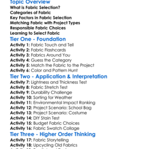 Fabric Selection For Projects Worksheet Activity Booklet
