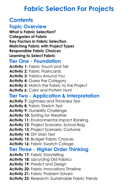 Fabric Selection For Projects Worksheet Activity Booklet