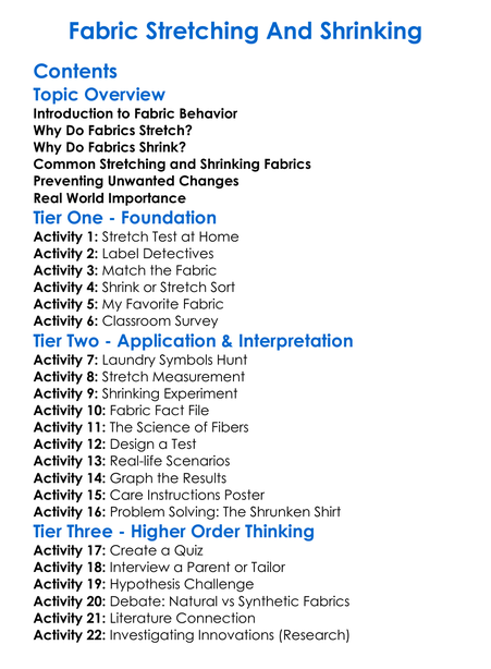 Fabric Stretching And Shrinking Worksheet Activity Booklet