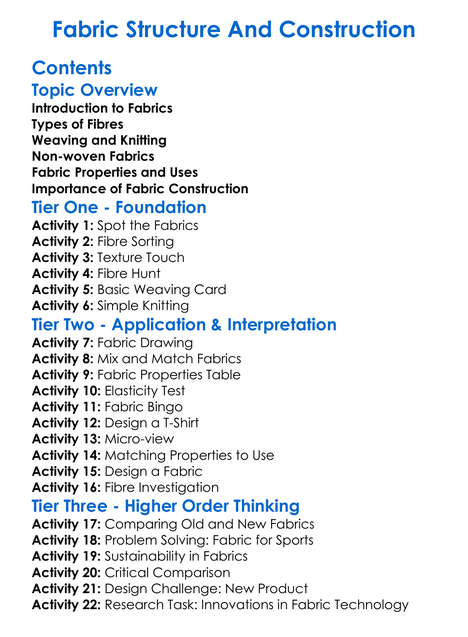 Fabric Structure And Construction Worksheet Activity Booklet