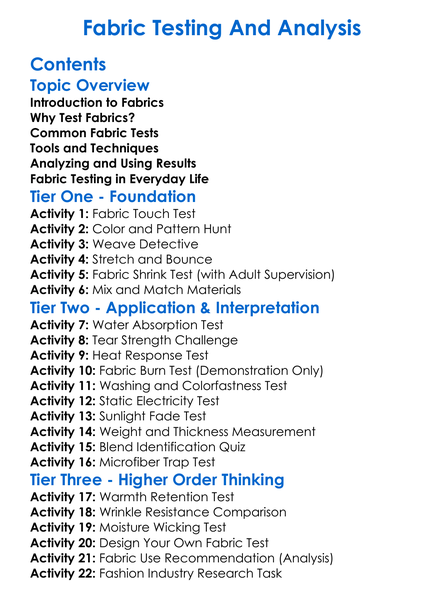 Fabric Testing And Analysis Worksheet Activity Booklet