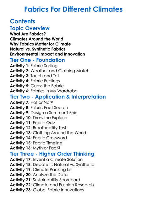 Fabrics For Different Climates Worksheet Activity Booklet