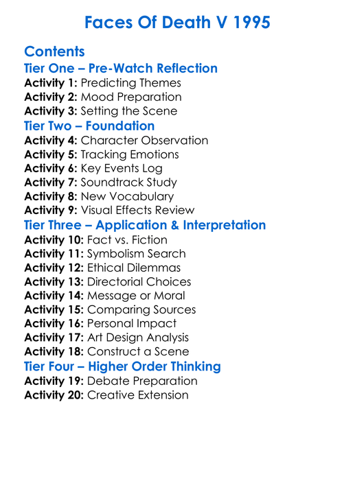 Faces Of Death V 1995 Worksheet Activity Booklet