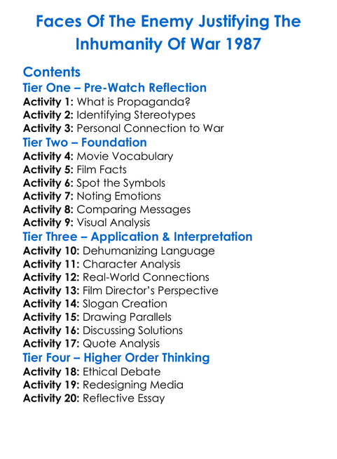 Faces Of The Enemy Justifying The Inhumanity Of War 1987 Worksheet Activity Booklet