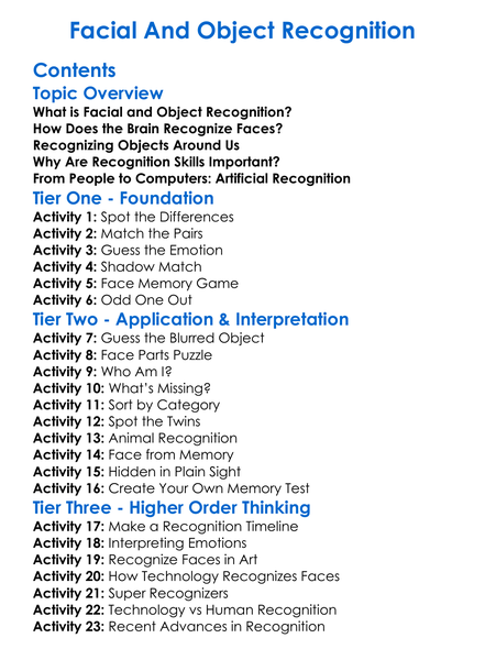 Facial And Object Recognition Worksheet Activity Booklet