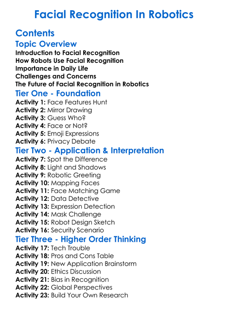 Facial Recognition In Robotics Worksheet Activity Booklet
