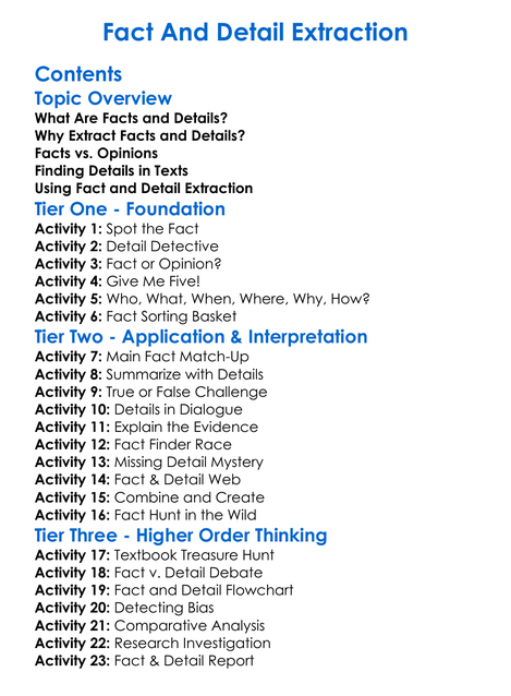 Fact And Detail Extraction Worksheet Activity Booklet