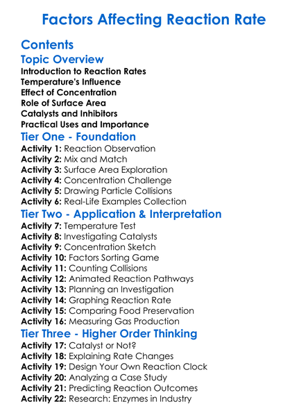 Factors Affecting Reaction Rate Worksheet Activity Booklet
