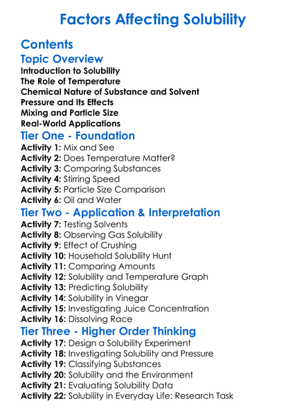Factors Affecting Solubility Worksheet Activity Booklet
