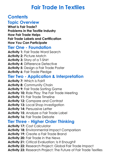 Fair Trade In Textiles Worksheet Activity Booklet