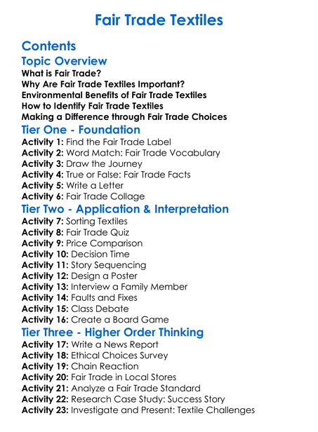 Fair Trade Textiles Worksheet Activity Booklet
