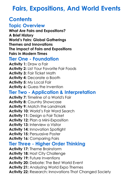 Fairs Expositions And World Events Worksheet Activity Booklet