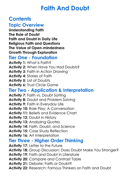 Faith And Doubt Worksheet Activity Booklet