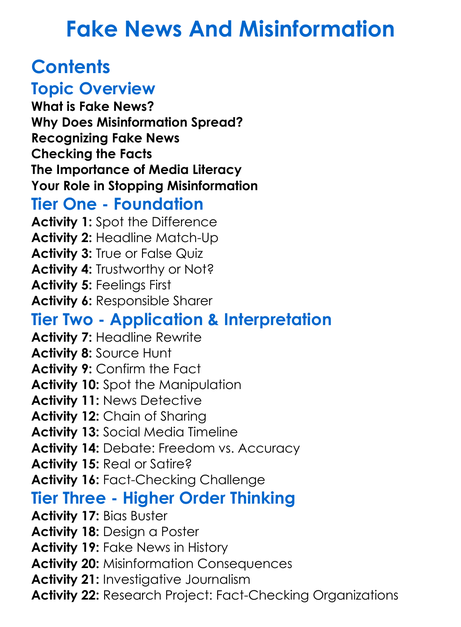 Fake News And Misinformation Worksheet Activity Booklet