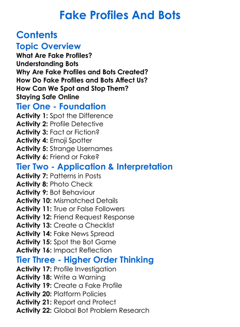 Fake Profiles And Bots Worksheet Activity Booklet