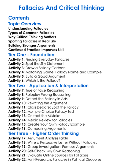 Fallacies And Critical Thinking Worksheet Activity Booklet