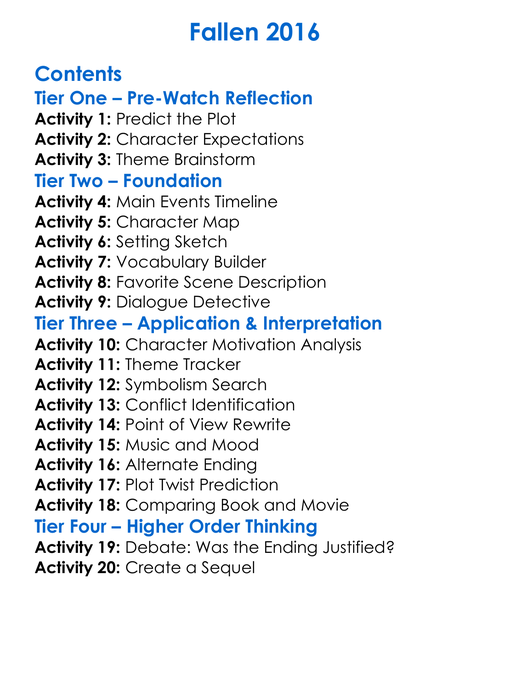 Fallen 2016 Worksheet Activity Booklet