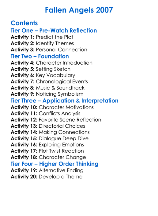 Fallen Angels 2007 Worksheet Activity Booklet