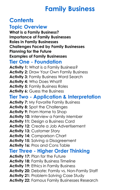 Family Business Worksheet Activity Booklet