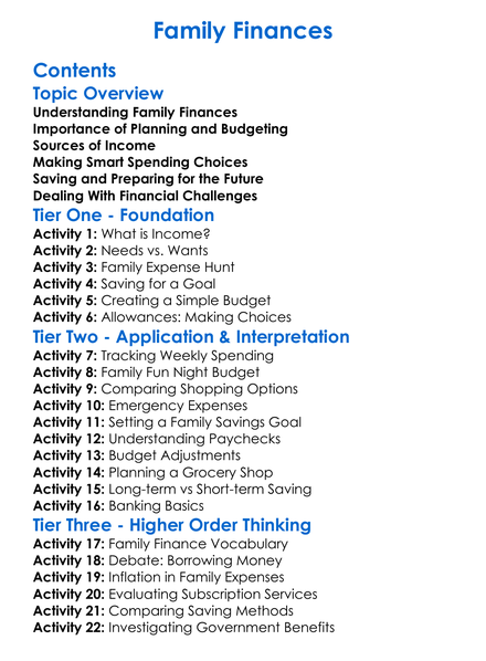 Family Finances Worksheet Activity Booklet
