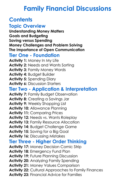 Family Financial Discussions Worksheet Activity Booklet