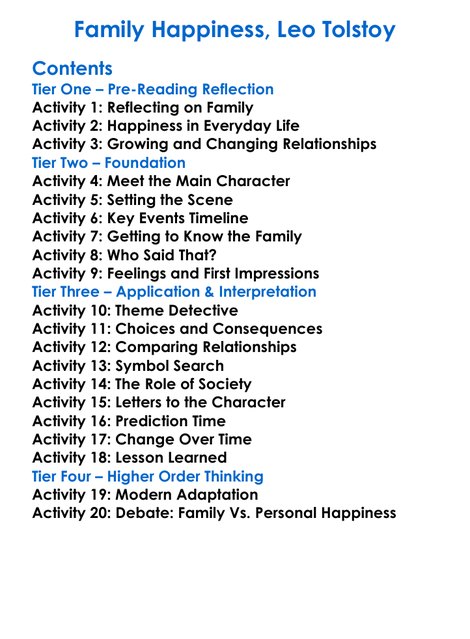 Family Happiness Leo Tolstoy Worksheet Activity Booklet