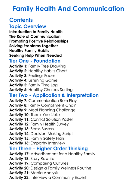 Family Health And Communication Worksheet Activity Booklet