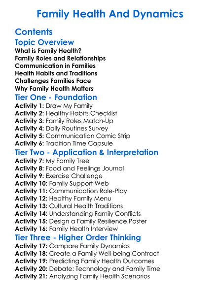 Family Health And Dynamics Worksheet Activity Booklet