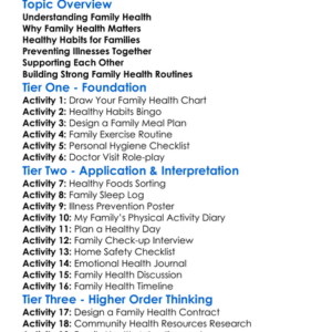 Family Health Worksheet Activity Booklet