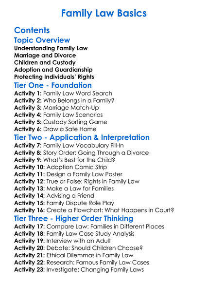 Family Law Basics Worksheet Activity Booklet