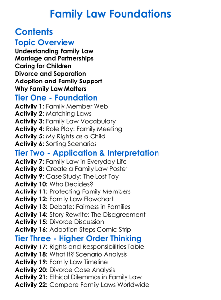 Family Law Foundations Worksheet Activity Booklet