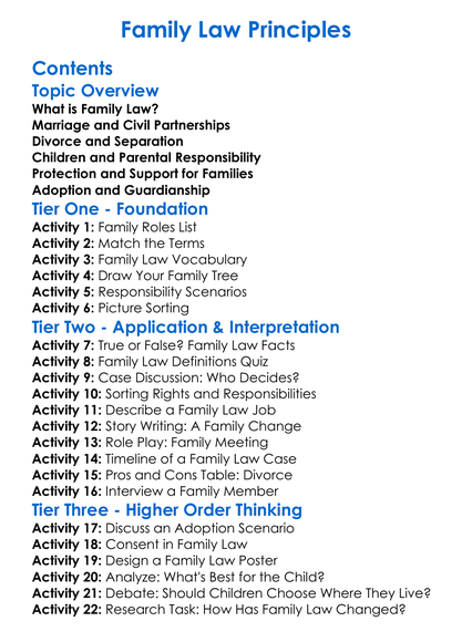 Family Law Principles Worksheet Activity Booklet