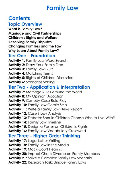Family Law Worksheet Activity Booklet