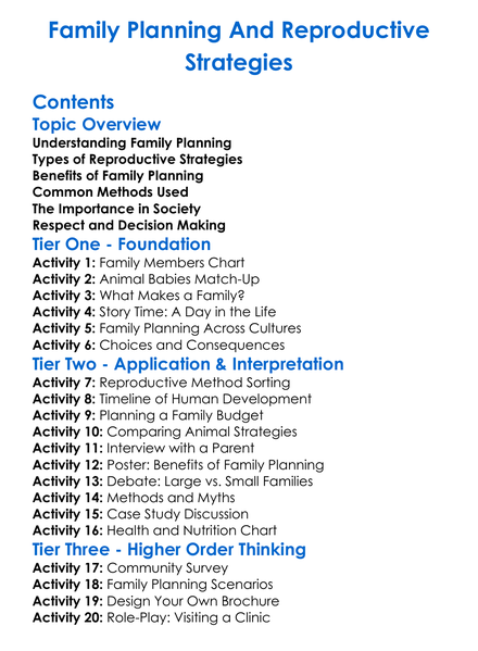 Family Planning And Reproductive Strategies Worksheet Activity Booklet