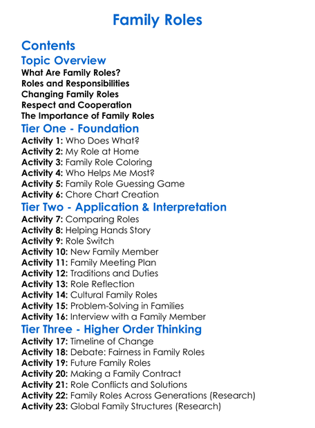 Family Roles Worksheet Activity Booklet