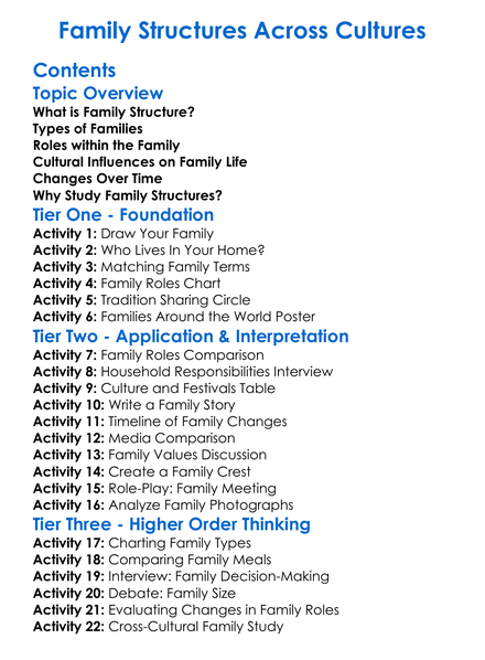 Family Structures Across Cultures Worksheet Activity Booklet