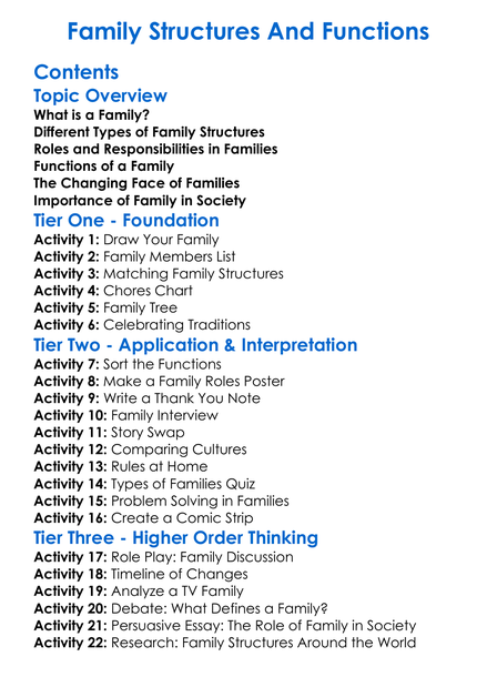 Family Structures And Functions Worksheet Activity Booklet