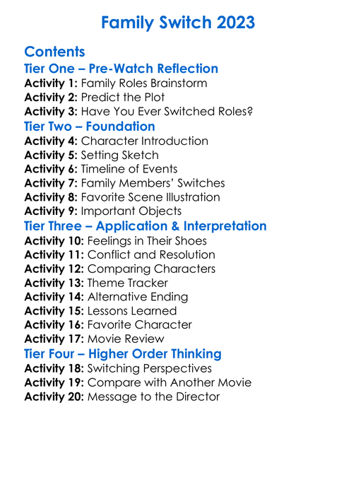 Family Switch 2023 Worksheet Activity Booklet