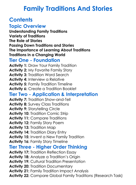 Family Traditions And Stories Worksheet Activity Booklet
