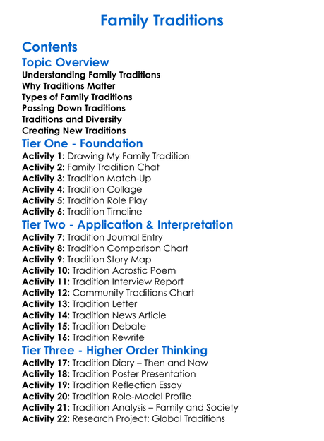 Family Traditions Worksheet Activity Booklet