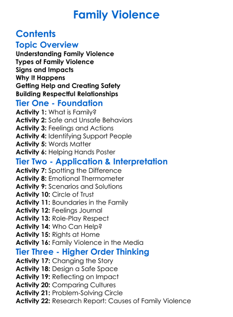 Family Violence Worksheet Activity Booklet