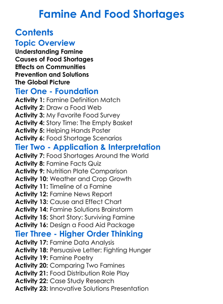 Famine And Food Shortages Worksheet Activity Booklet