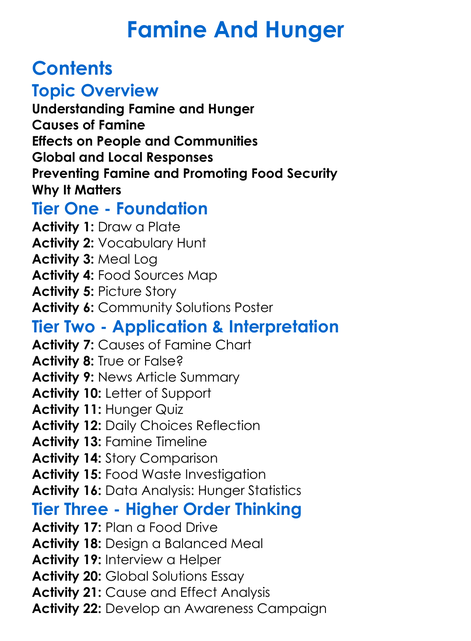 Famine And Hunger Worksheet Activity Booklet