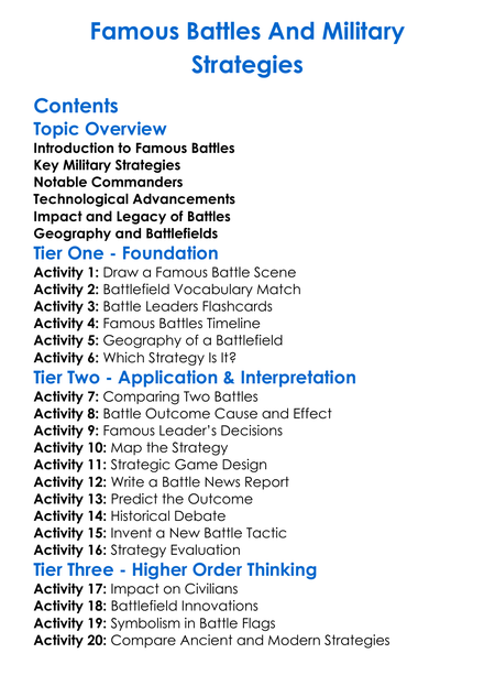 Famous Battles And Military Strategies Worksheet Activity Booklet
