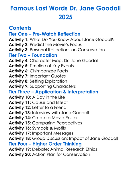 Famous Last Words Dr Jane Goodall 2025 Worksheet Activity Booklet