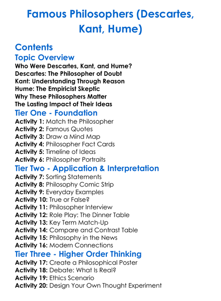 Famous Philosophers Descartes Kant Hume Worksheet Activity Booklet