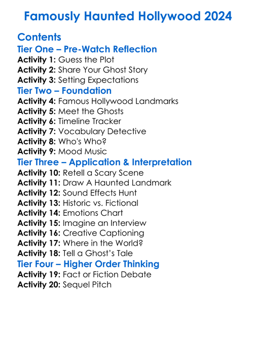 Famously Haunted Hollywood 2024 Worksheet Activity Booklet